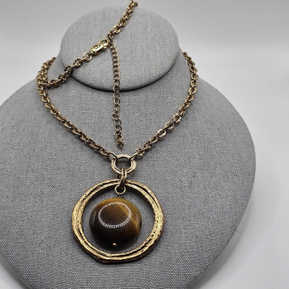Vintage Aigner Tigers Eye Pendant Goldtone Necklace 28" 3" Ext 2.5" Pendant